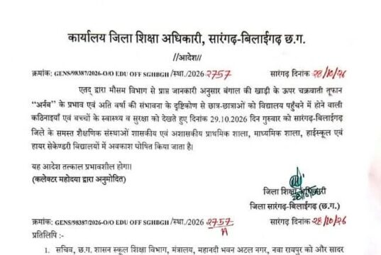 चक्रवाती तूफान और अतिवृष्टि की आशंका: 29 अक्टूबर को स्कूलों और आंगनबाड़ी केंद्रों में अवकाश